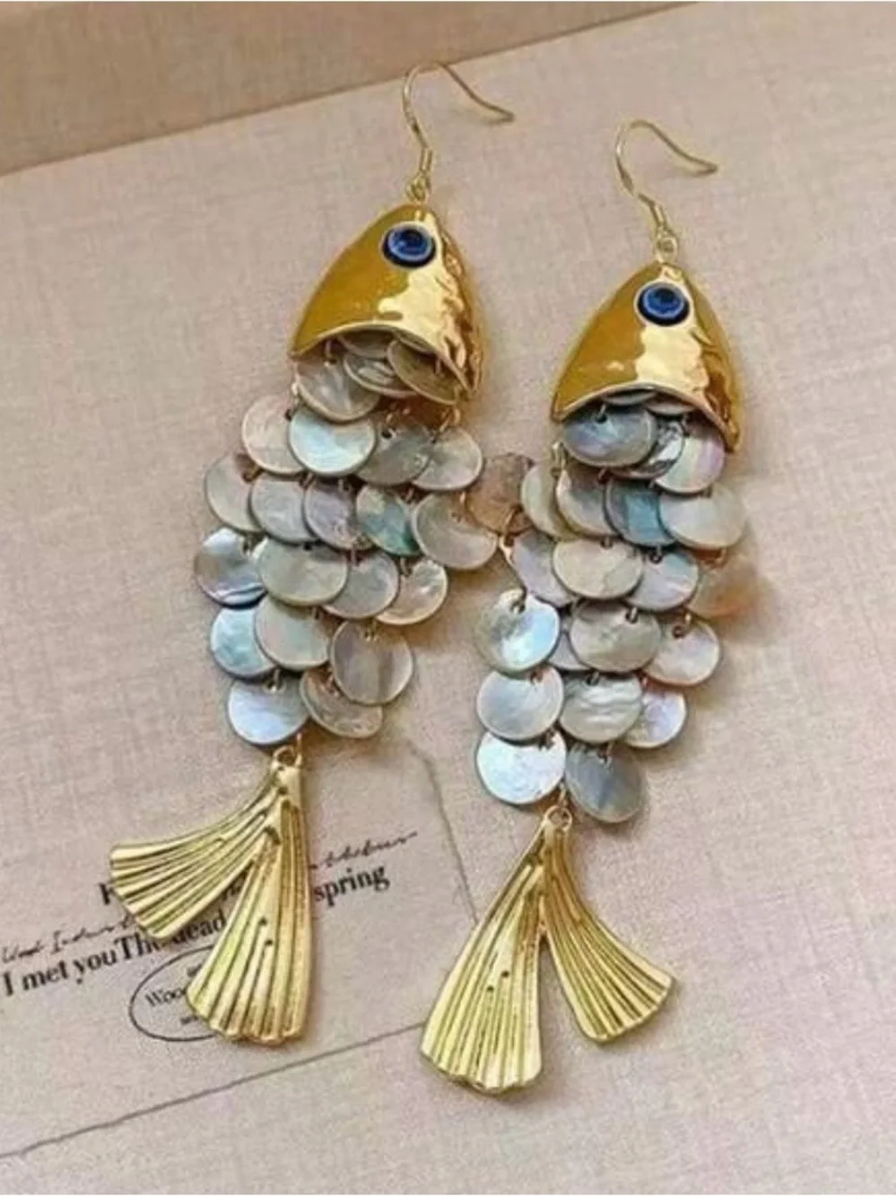 Gold and White Fish Scale Dangle Earrings